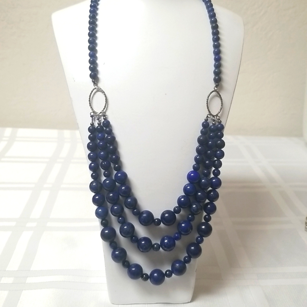 LAPIS LAZULI, 22" 3-strand 925 SS, NWOT, Perfect Cond. Bead Necklace  J#34